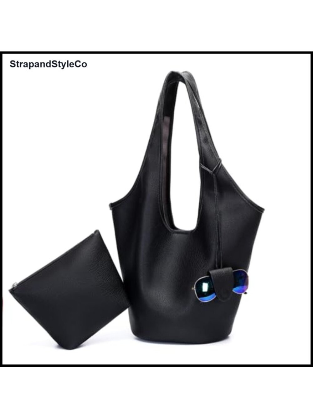 Slouchy Hobo Shoulder Bag Vegan PU Leather with Glasses Pouch & Cosmetic Bag